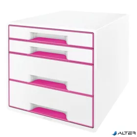   Irattároló, műanyag, 4 fiókos, LEITZ "Wow Cube", fehér/rózsaszín