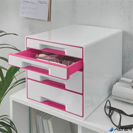 Irattároló, műanyag, 4 fiókos, LEITZ "Wow Cube", fehér/rózsaszín