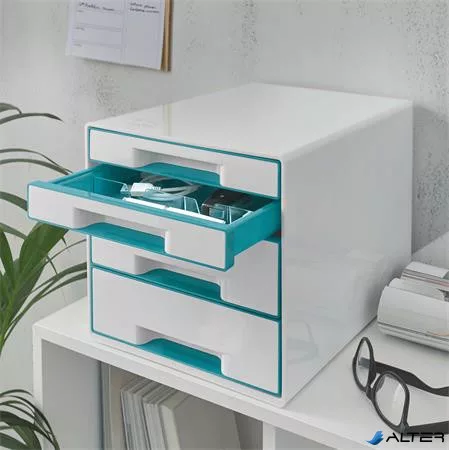 Irattároló, műanyag, 4 fiókos, LEITZ "Wow Cube", fehér/jégkék