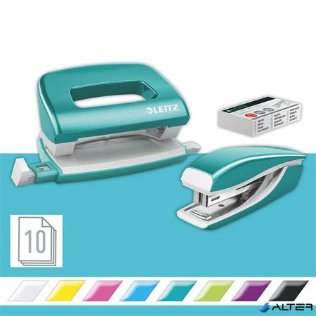 Tűzőgép és lyukasztó szett, 10 lap, fém, LEITZ "Wow Mini", jégkék