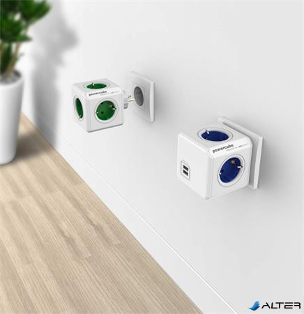 Elosztó, 5 aljzat, ALLOCACOC "PowerCube Original DE", fehér-kék