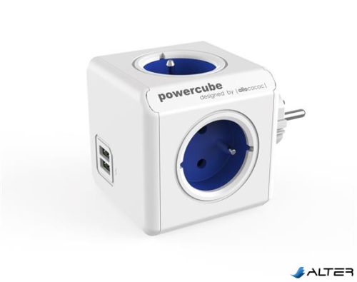 Elosztó, 4 aljzat, 2 USB csatlakozó, ALLOCACOC "PowerCube Original USB DE", fehér-kék