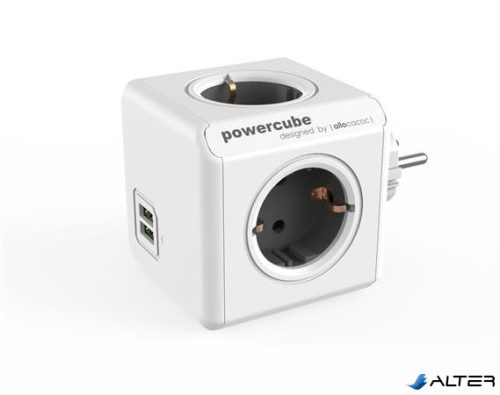Elosztó, 4 aljzat, 2 USB csatlakozó, ALLOCACOC "PowerCube Original USB DE", fehér-szürke
