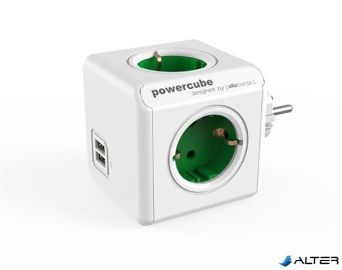 Elosztó, 4 aljzat, 2 USB csatlakozó, ALLOCACOC "PowerCube Original USB DE", fehér-zöld