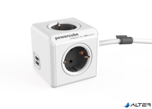 Elosztó, 4 aljzat, 2 USB csatlakozó, 1,5 m kábelhosszúság, ALLOCACOC "PowerCube Extended USB DE", fehér-szürke