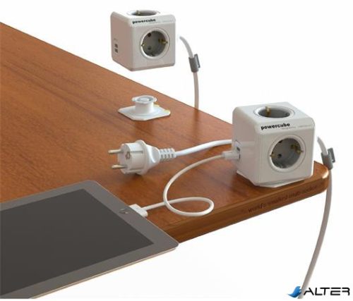 Elosztó, 4 aljzat, 2 USB csatlakozó, 1,5 m kábelhosszúság, ALLOCACOC 'PowerCube Extended USB DE', fehér-szürke