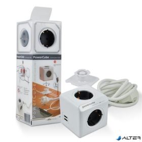   Elosztó, 4 aljzat, 1 rögzítő elem, 2 USB csatlakozó, 3 m kábelhosszúság, ALLOCACOC 'PowerCube Extended USB 3m cable DE'