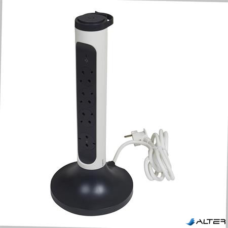 Elosztótorony, 4 csatlakozóaljzat, túlfeszültség-védelemmel, 2 m kábelhosszúság, LEGRAND, fehér-sötét szürke