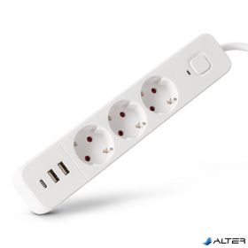   Elosztósor, 3 aljzat, 1,5 m, USB, kapcsolóval, ENTAC, fehér