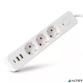   Elosztósor, 3 aljzat, 1,5 m, USB, kapcsolóval, ENTAC, fehér