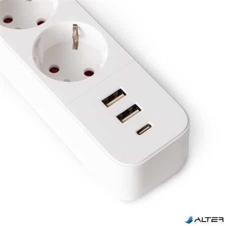 Elosztósor, 3 aljzat, 1,5 m, USB, kapcsolóval, ENTAC, fehér