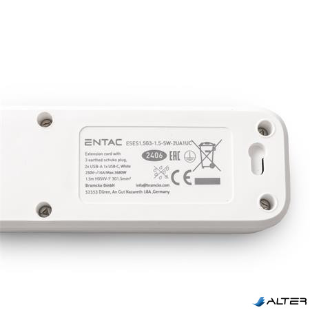 Elosztósor, 3 aljzat, 1,5 m, USB, kapcsolóval, ENTAC, fehér