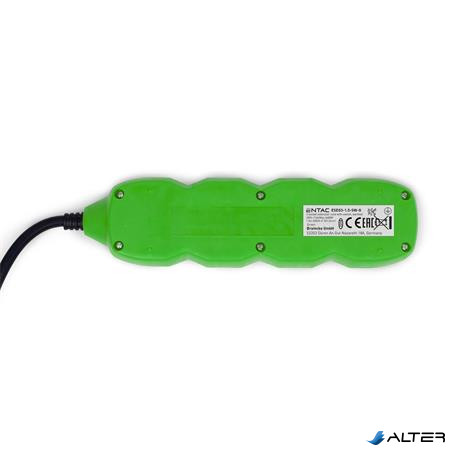 Elosztósor, 3 aljzat, 1,5 m, kapcsolóval, ENTAC, zöld