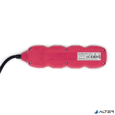 Elosztósor, 3 aljzat, 1,5 m, kapcsolóval, ENTAC, rózsaszín