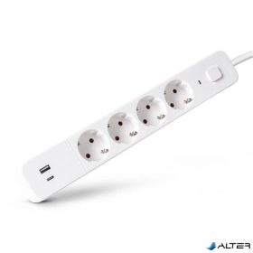   Elosztósor, 4 aljzat, 1,5 m, USB, kapcsolóval, ENTAC, fehér
