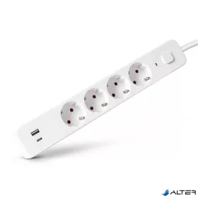   Elosztósor, 4 aljzat, 1,5 m, USB, kapcsolóval, ENTAC, fehér