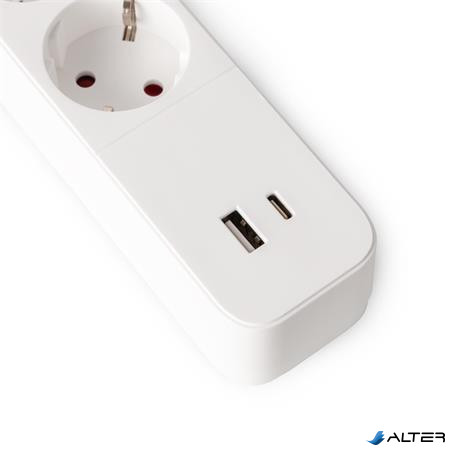 Elosztósor, 4 aljzat, 1,5 m, USB, kapcsolóval, ENTAC, fehér