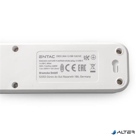 Elosztósor, 4 aljzat, 1,5 m, USB, kapcsolóval, ENTAC, fehér