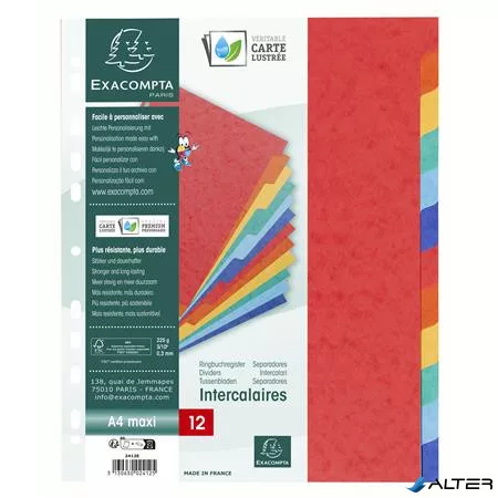 Regiszter, karton, A4+, 12 részes, EXACOMPTA, színes