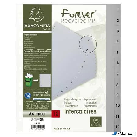 Regiszter, műanyag, A4+, 1-12, EXACOMPTA, szürke