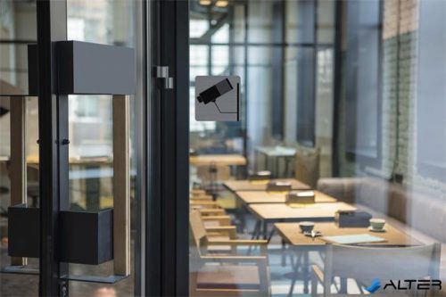 Információs tábla, öntapadó, 7,5x7,5 cm, alumíniumhatású, EXACOMPTA, "Kamerával megfigyelt terület"