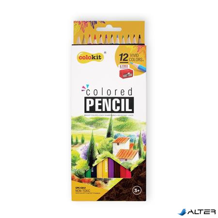 Színes ceruza készlet, hatszögletű, hegyezővel, COLOKIT, 12 különböző szín