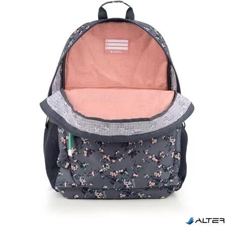 Hátizsák, iskolatáska, cipzáras, GABOL "Secret", szürke, virágmintás