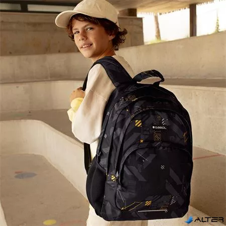 Hátizsák, iskolatáska, cipzáras, GABOL "Byte", fekete, geometrikus mintás