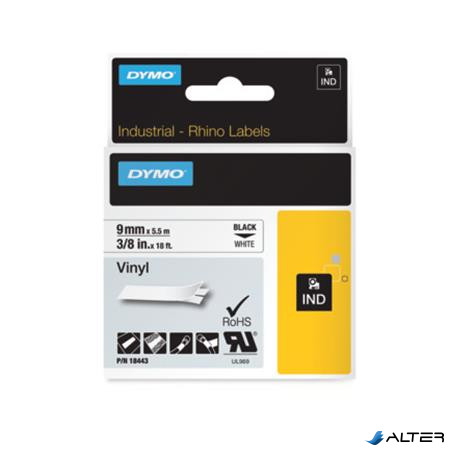 Feliratozógép szalag, vinil, 9 mm x 5,5 m, DYMO 'Rhino', fehér-fekete