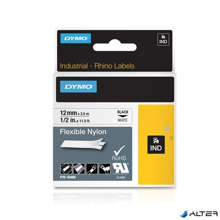 Feliratozógép szalag, flexibilis ID, 12 mm x 3,5 m, DYMO "Rhino", fehér-fekete