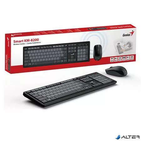 Egér- és billentyűzet készlet, vezeték nélküli, USB, HUN, GENIUS "KM-8200", fekete-szürke