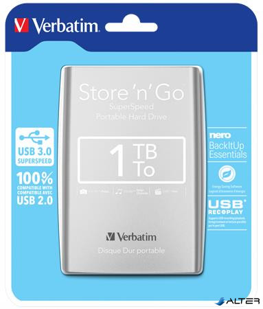 2,5" HDD (merevlemez), 1TB, USB 3.0, VERBATIM, ezüst