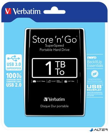 2,5" HDD (merevlemez), 1TB, USB 3.0, VERBATIM, fekete