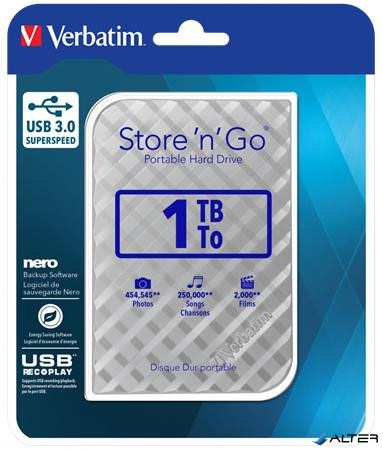 2,5" HDD (merevlemez), 1TB,  USB 3.0, VERBATIM "Store n Go, ezüst
