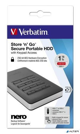 2,5" HDD (merevlemez), 1TB, USB 3.1, jelszavas titkosítás, VERBATIM "Secure Portable", fekete