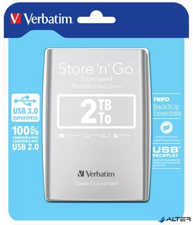 2,5" HDD (merevlemez), 2TB, USB 3.2 GEN 1, VERBATIM, ezüst