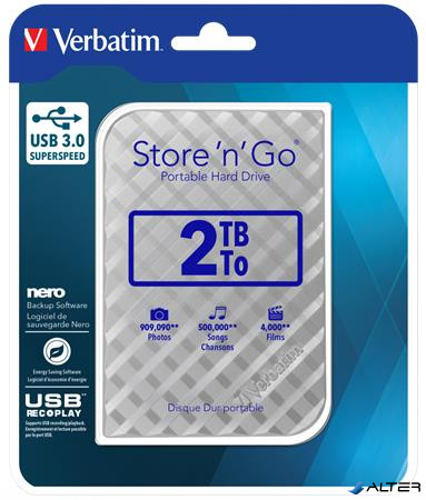 2,5" HDD (merevlemez), 2TB, USB 3.0, VERBATIM "Store n Go", ezüst