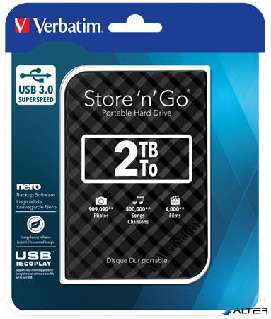 2,5' HDD (merevlemez), 2TB, USB 3.0, VERBATIM 'Store n Go', fekete