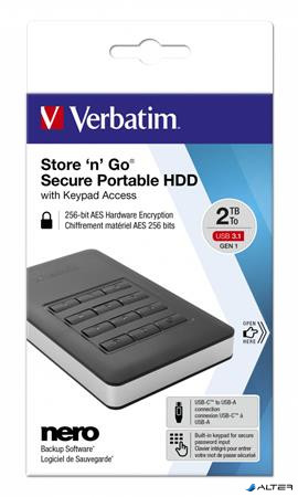 2,5" HDD (merevlemez), 2TB, USB 3.1, jelszavas titkosítás, VERBATIM "Secure Portable", fekete