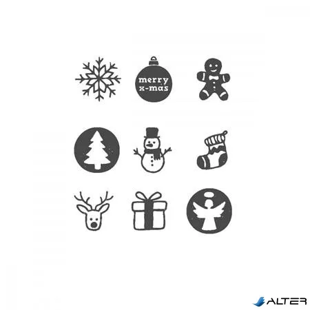 Bélyegző, kirakós, 10 motívummal, 'Nio Karácsony', fehér ház, fekete párnával