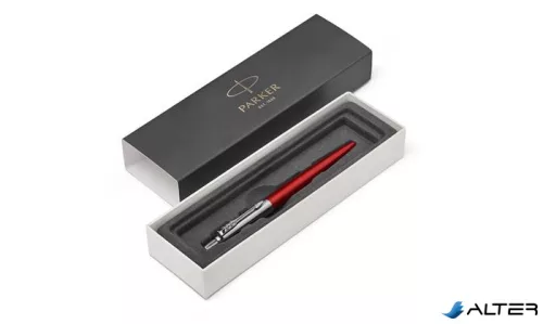 Golyóstoll, 0,7 mm, ezüst színű klip, Kensigton piros tolltest, PARKER "Royal Jotter", kék