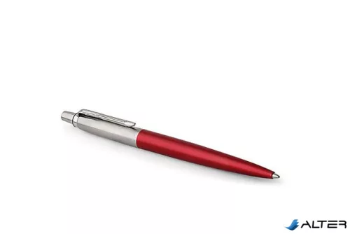 Golyóstoll, 0,7 mm, ezüst színű klip, Kensigton piros tolltest, PARKER "Royal Jotter", kék