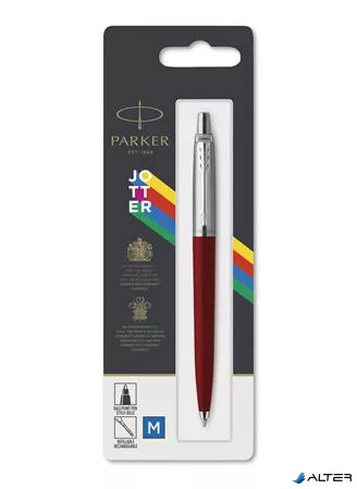 Golyóstoll, 0,7 mm, ezüst színű klip, piros tolltest, PARKER 'Royal Jotter Originals', kék