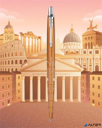 Golyóstoll, 0,7 mm, ezüst színű klip, mintás tolltest, PARKER, "Royal Jotter Róma", kék