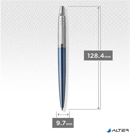 Golyóstoll, 0,7 mm, ezüst színű klip, Waterloo kék tolltest, PARKER "Royal Jotter", kék