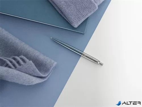 Golyóstoll, 0,7 mm, ezüst színű klip, Waterloo kék tolltest, PARKER "Royal Jotter", kék