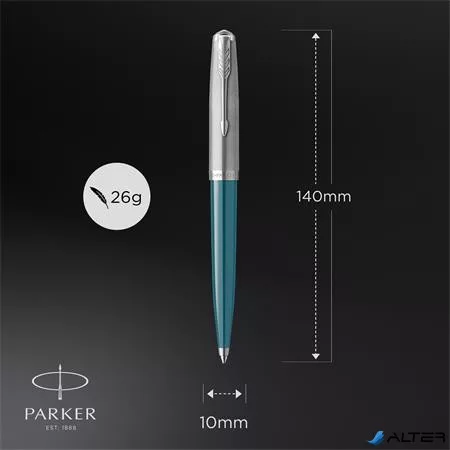 Golyóstoll, 0,7 mm rotációs, ezüst színű klip, türkiz tolltest, PARKER 'Royal 51 Core', fekete