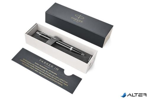 Golyóstoll, nyomógombos, ezüst színű klip, fekete tolltest, PARKER, 'Royal IM', kék