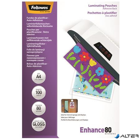 Meleglamináló fólia, 80 mikron, A4, fényes, öntapadó, 100 db, FELLOWES