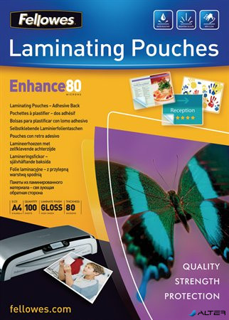 Meleglamináló fólia, 80 mikron, A4, fényes, öntapadó, 100 db, FELLOWES